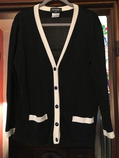 vintage chanel cardigan|Chanel cardigan black and white.